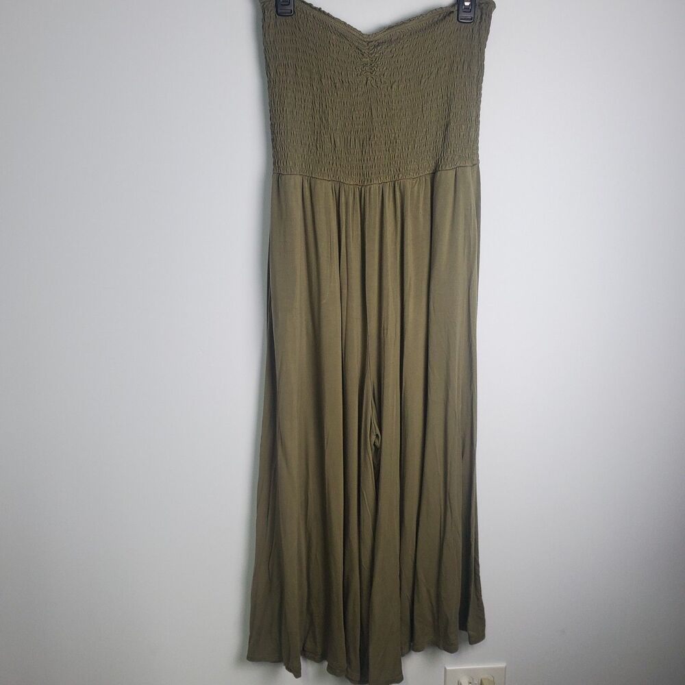 Aerie Olive Green Smocked Strapless Jumpsuit, Size Large